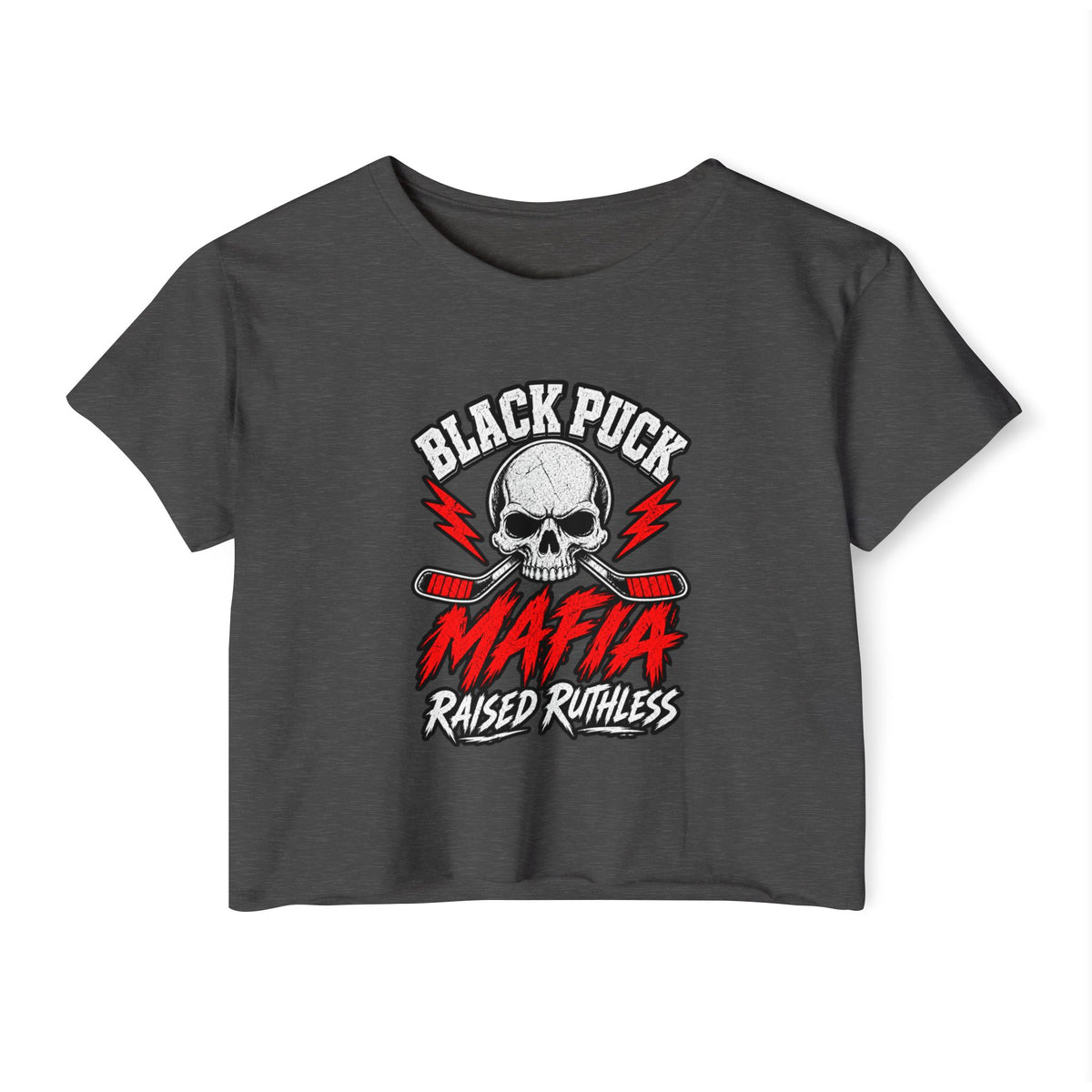 Black Puck Mafia Skull Graphic Crop Top | Hockey Skull, Raised Ruthless