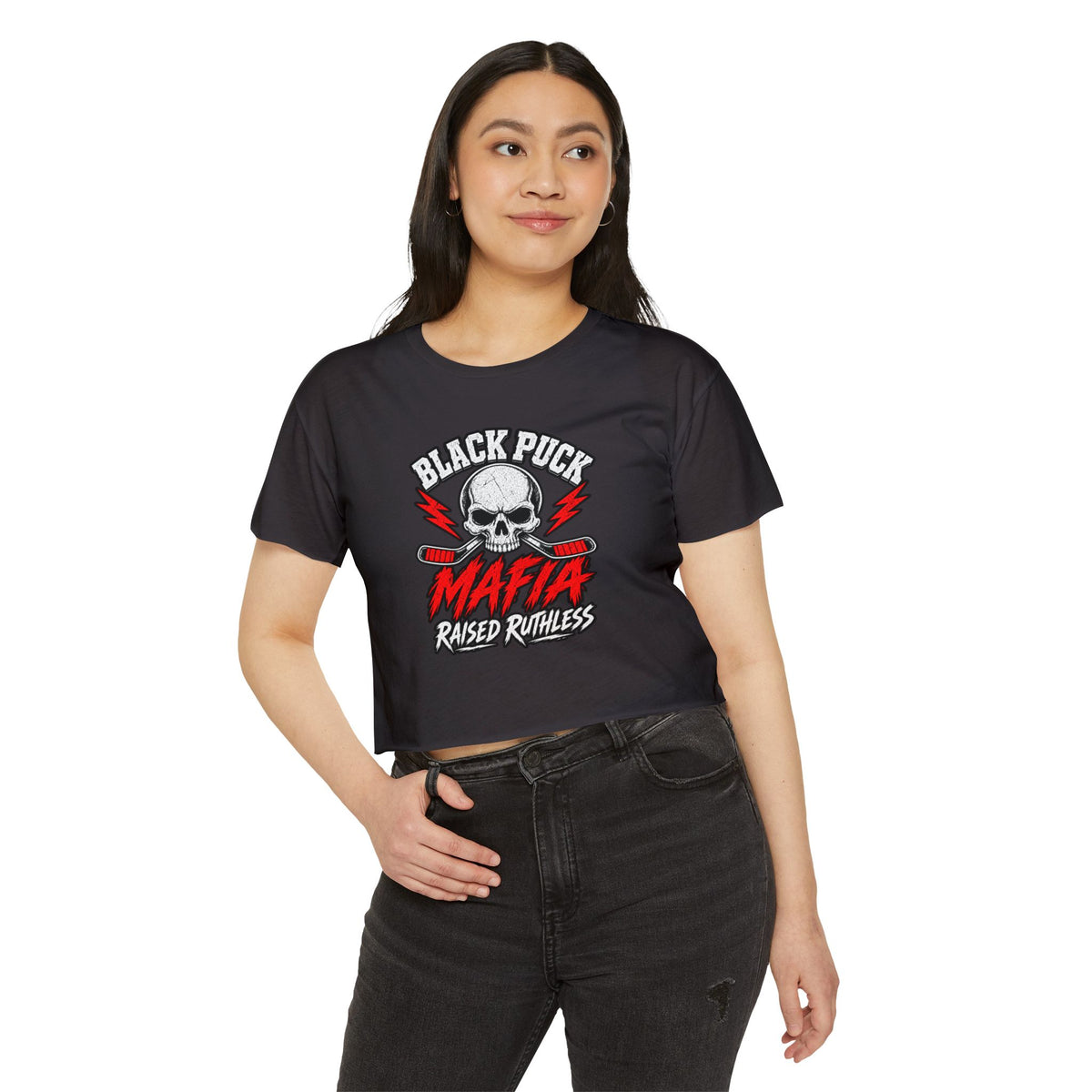 Black Puck Mafia Skull Graphic Crop Top | Hockey Skull, Raised Ruthless