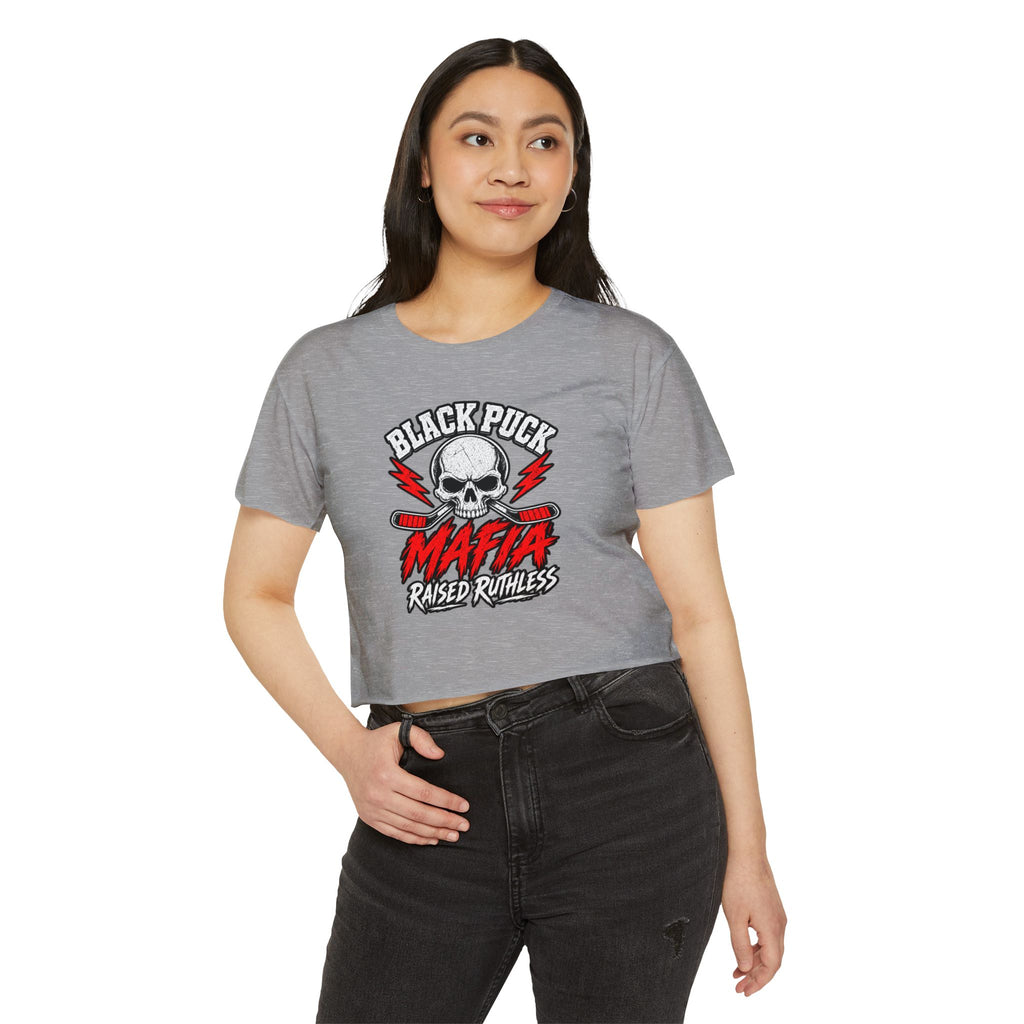 Black Puck Mafia Skull Graphic Crop Top | Hockey Skull, Raised Ruthless